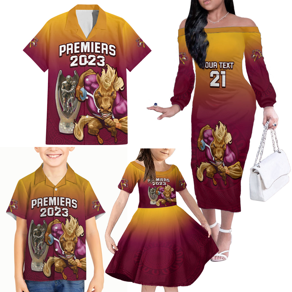 custom-nrl-broncos-premiers-2023-family-matching-off-shoulder-long-sleeve-dress-and-hawaiian-shirt