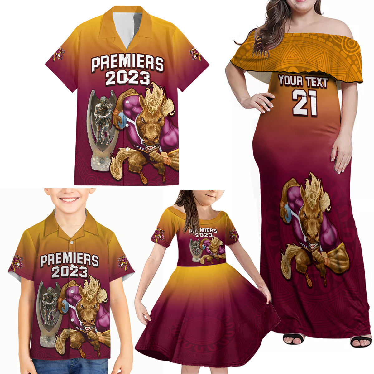 custom-nrl-broncos-premiers-2023-family-matching-off-shoulder-maxi-dress-and-hawaiian-shirt