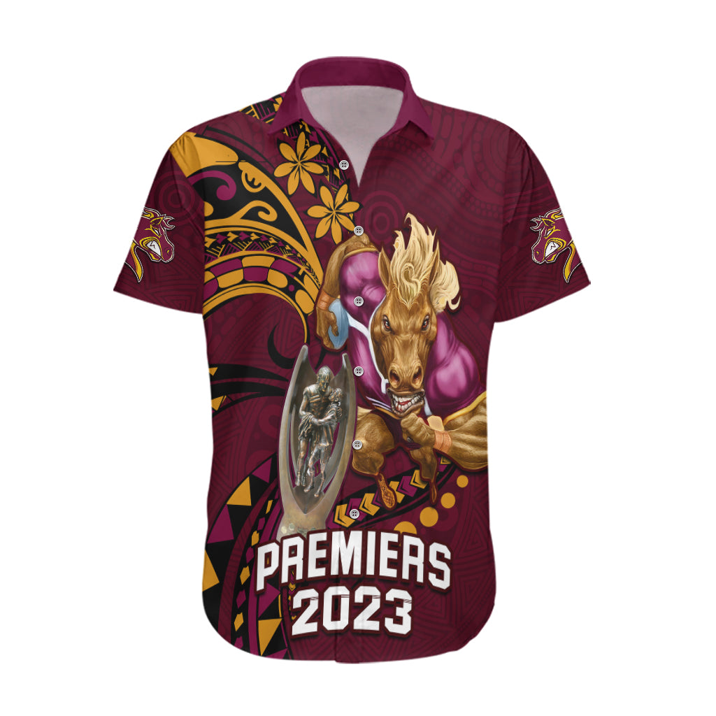 NRL Broncos Premiers Hawaiian Shirt Mascot with Polynesian Pattern Version 2023 - Vibe Hoodie Shop