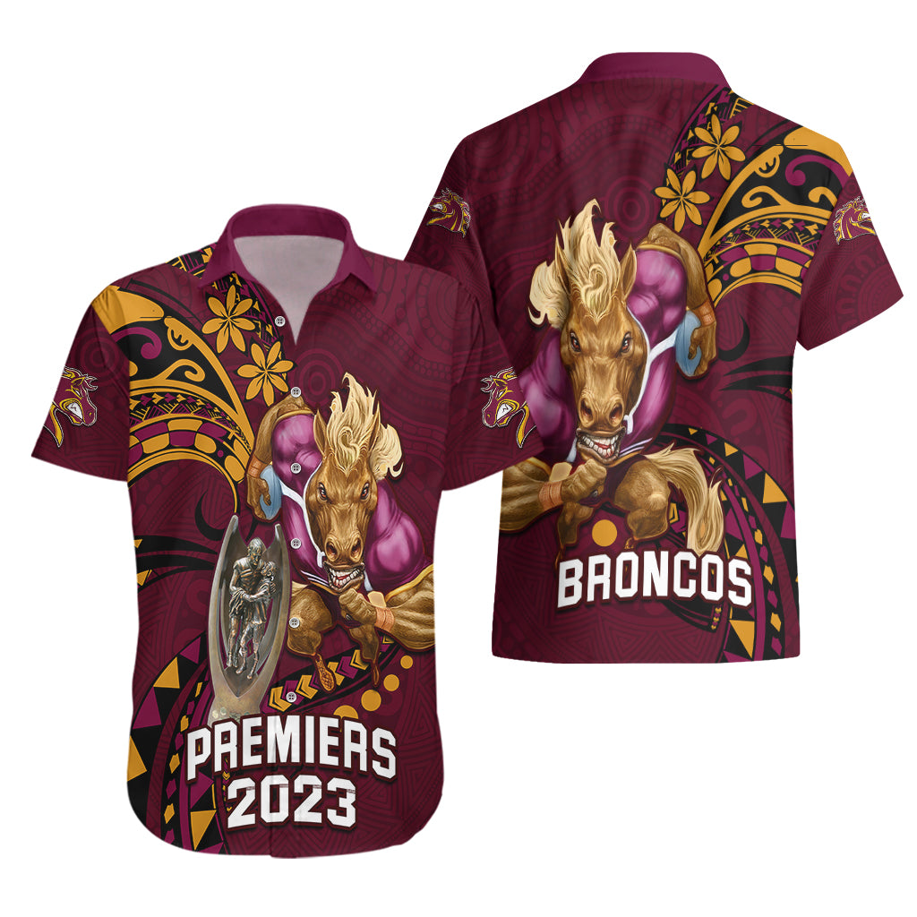 NRL Broncos Premiers Hawaiian Shirt Mascot with Polynesian Pattern Version 2023 - Vibe Hoodie Shop