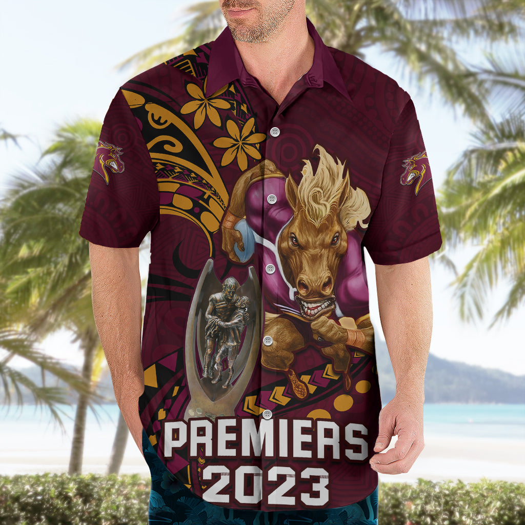 NRL Broncos Premiers Hawaiian Shirt Mascot with Polynesian Pattern Version 2023 - Vibe Hoodie Shop