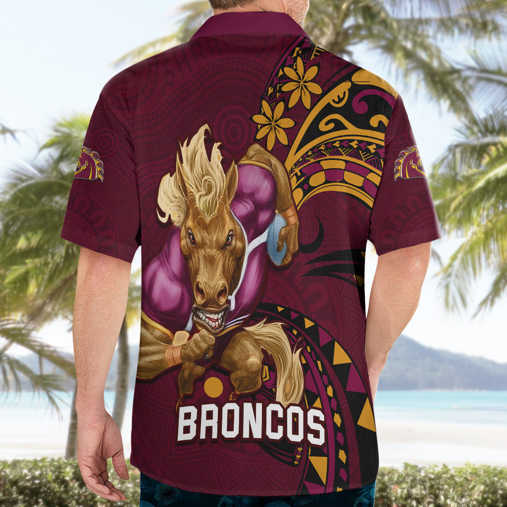 NRL Broncos Premiers Hawaiian Shirt Mascot with Polynesian Pattern Version 2023 - Vibe Hoodie Shop