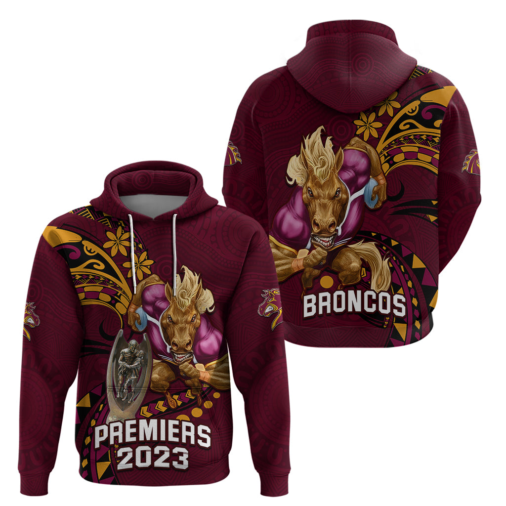 NRL Broncos Premiers Hoodie Mascot with Polynesian Pattern Version 2023 LT9 - Vibe Hoodie Shop