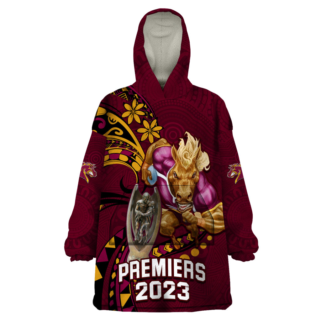 NRL Broncos Premiers Wearable Blanket Hoodie Mascot with Polynesian Pattern Version 2023 - Vibe Hoodie Shop