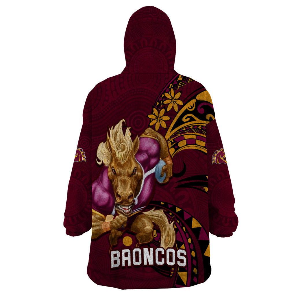 NRL Broncos Premiers Wearable Blanket Hoodie Mascot with Polynesian Pattern Version 2023 - Vibe Hoodie Shop