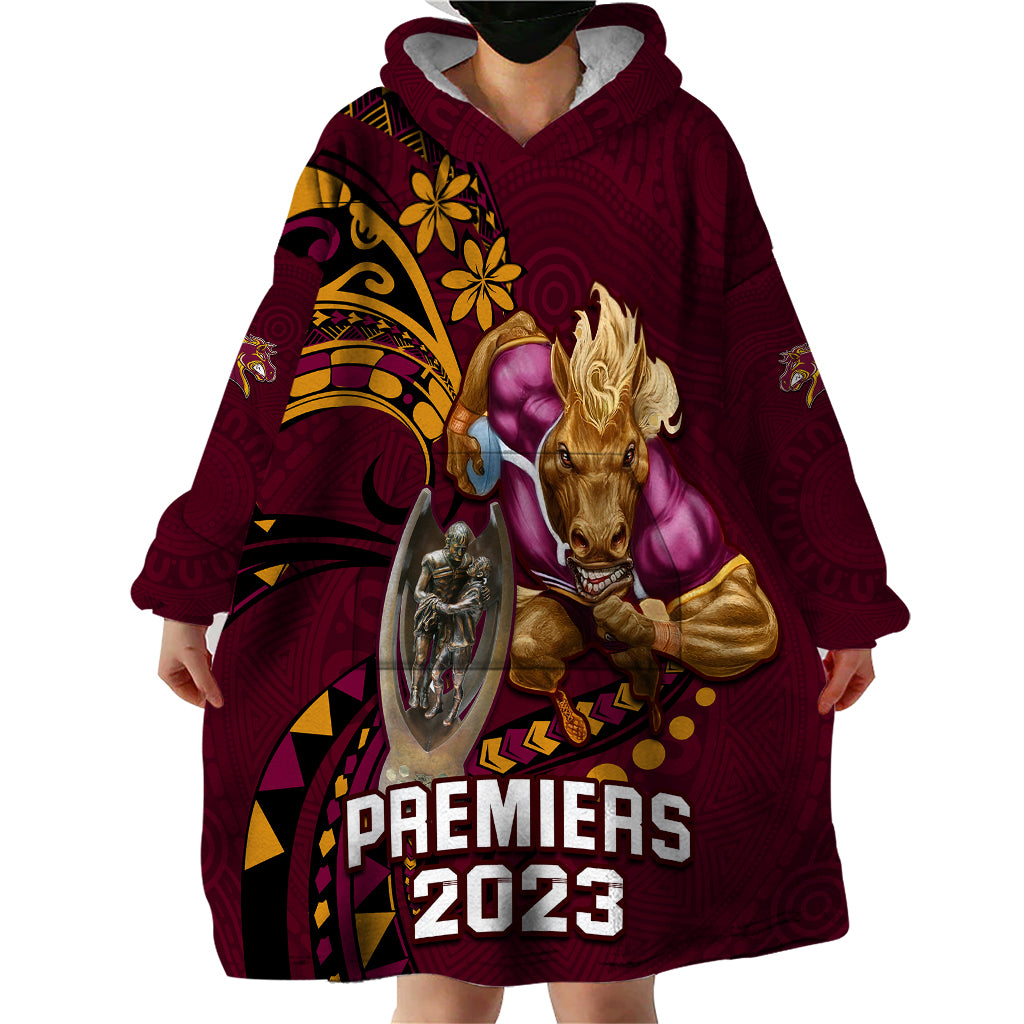 NRL Broncos Premiers Wearable Blanket Hoodie Mascot with Polynesian Pattern Version 2023 - Vibe Hoodie Shop