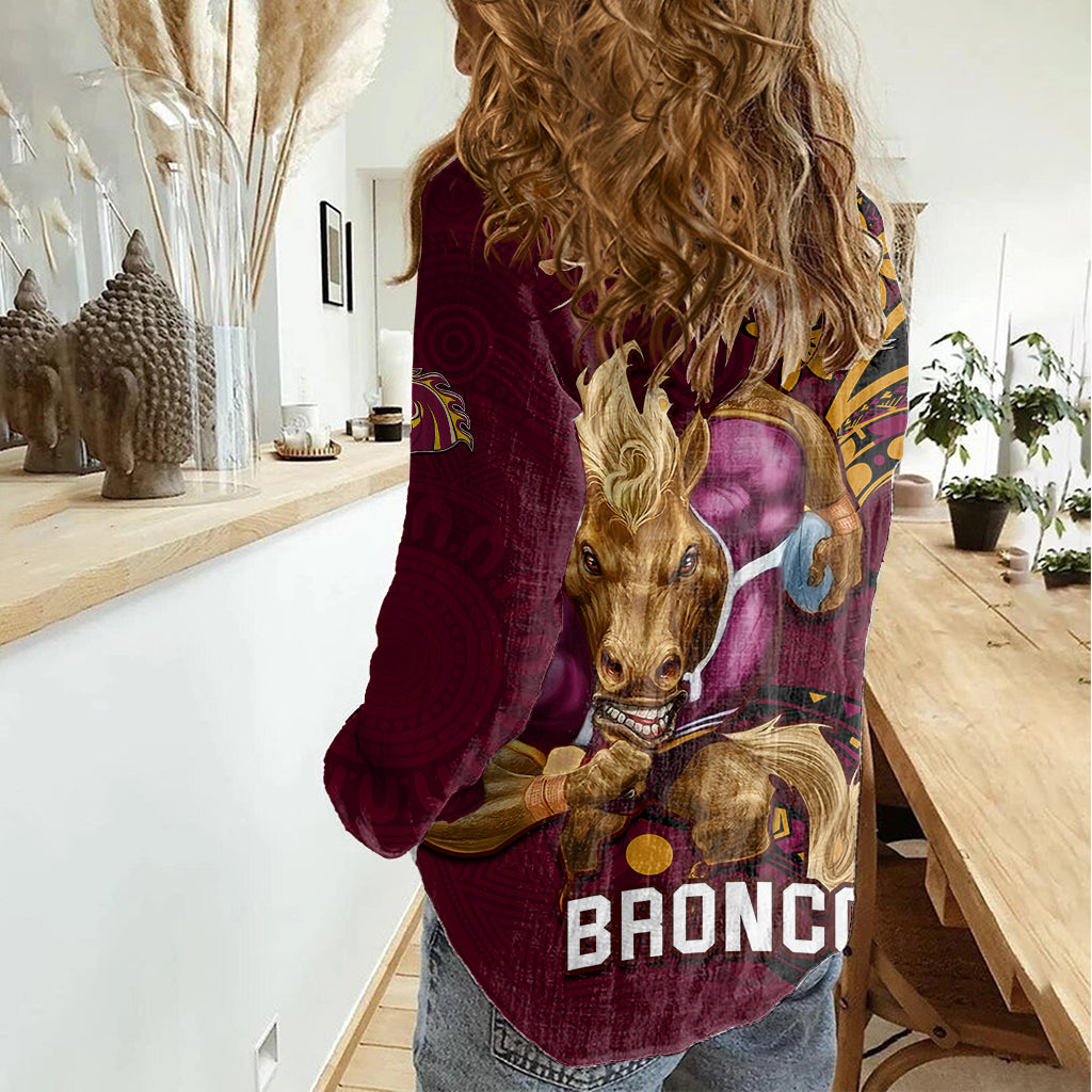 NRL Broncos Premiers Women Casual Shirt Mascot with Polynesian Pattern Version 2023 - Vibe Hoodie Shop