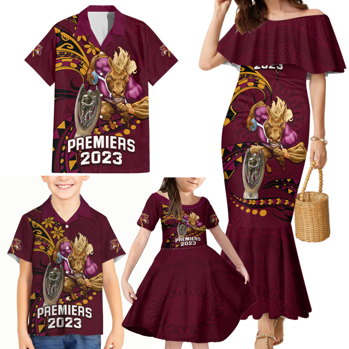 custom-nrl-broncos-premiers-family-matching-mermaid-dress-and-hawaiian-shirt-mascot-with-polynesian-pattern-version-2023