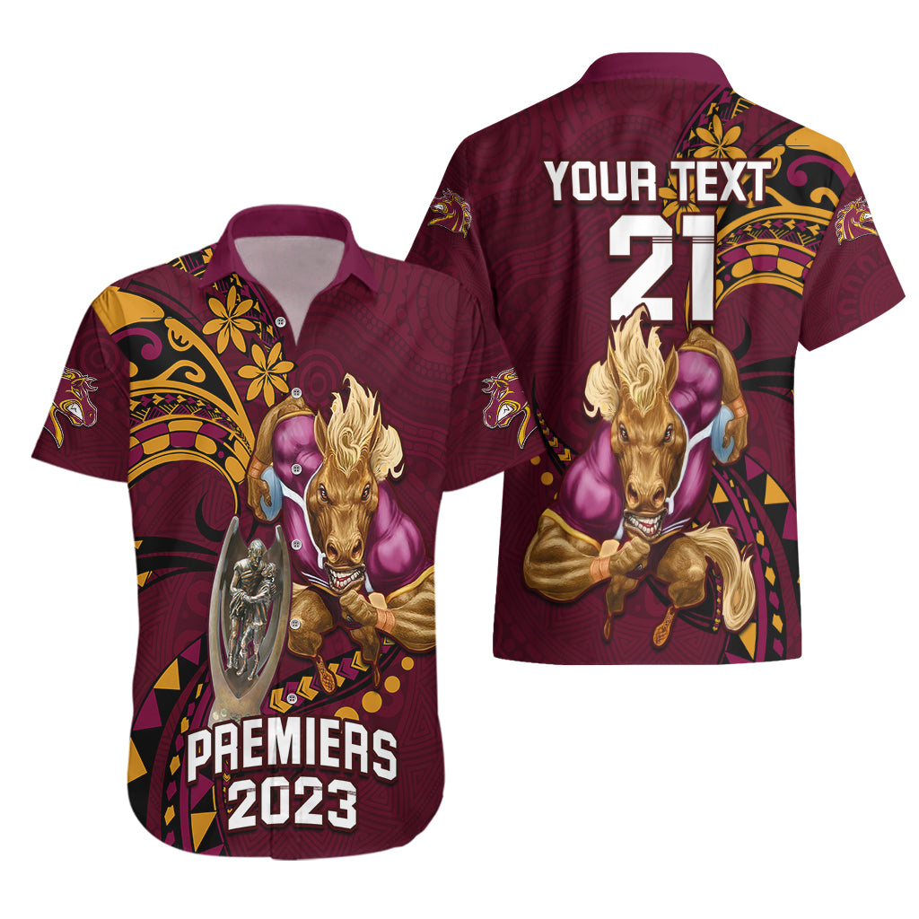 Custom NRL Broncos Premiers Hawaiian Shirt Mascot with Polynesian Pattern Version 2023 - Vibe Hoodie Shop