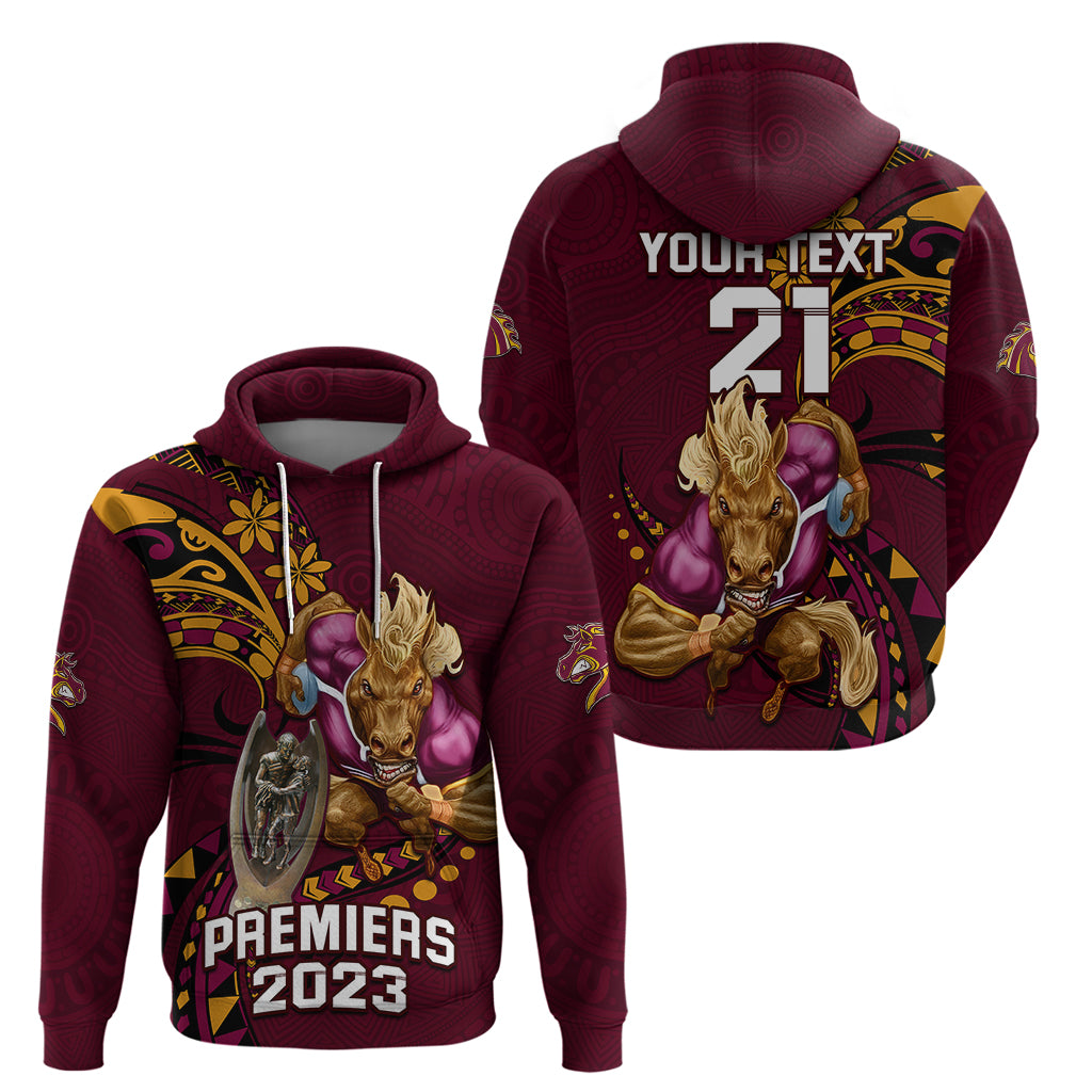 Custom NRL Broncos Premiers Hoodie Mascot with Polynesian Pattern Version 2023 LT9 - Vibe Hoodie Shop
