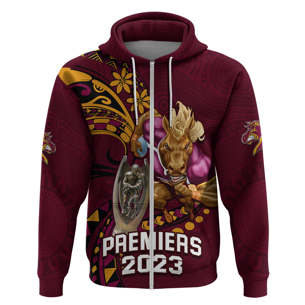 Custom NRL Broncos Premiers Hoodie Mascot with Polynesian Pattern Version 2023 LT9 - Vibe Hoodie Shop