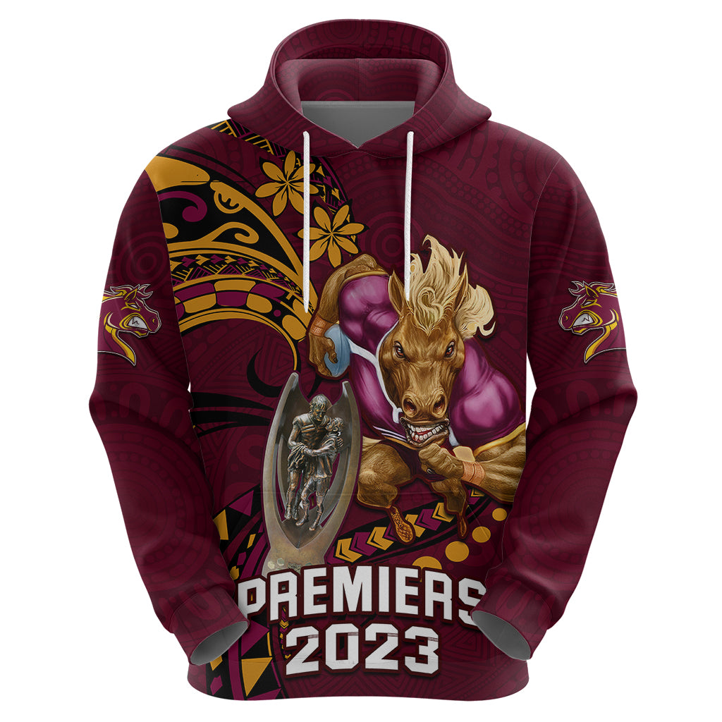 Custom NRL Broncos Premiers Hoodie Mascot with Polynesian Pattern Version 2023 LT9 - Vibe Hoodie Shop