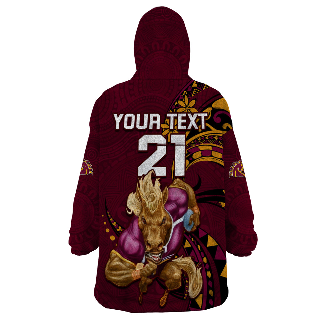 Custom NRL Broncos Premiers Wearable Blanket Hoodie Mascot with Polynesian Pattern Version 2023 - Vibe Hoodie Shop