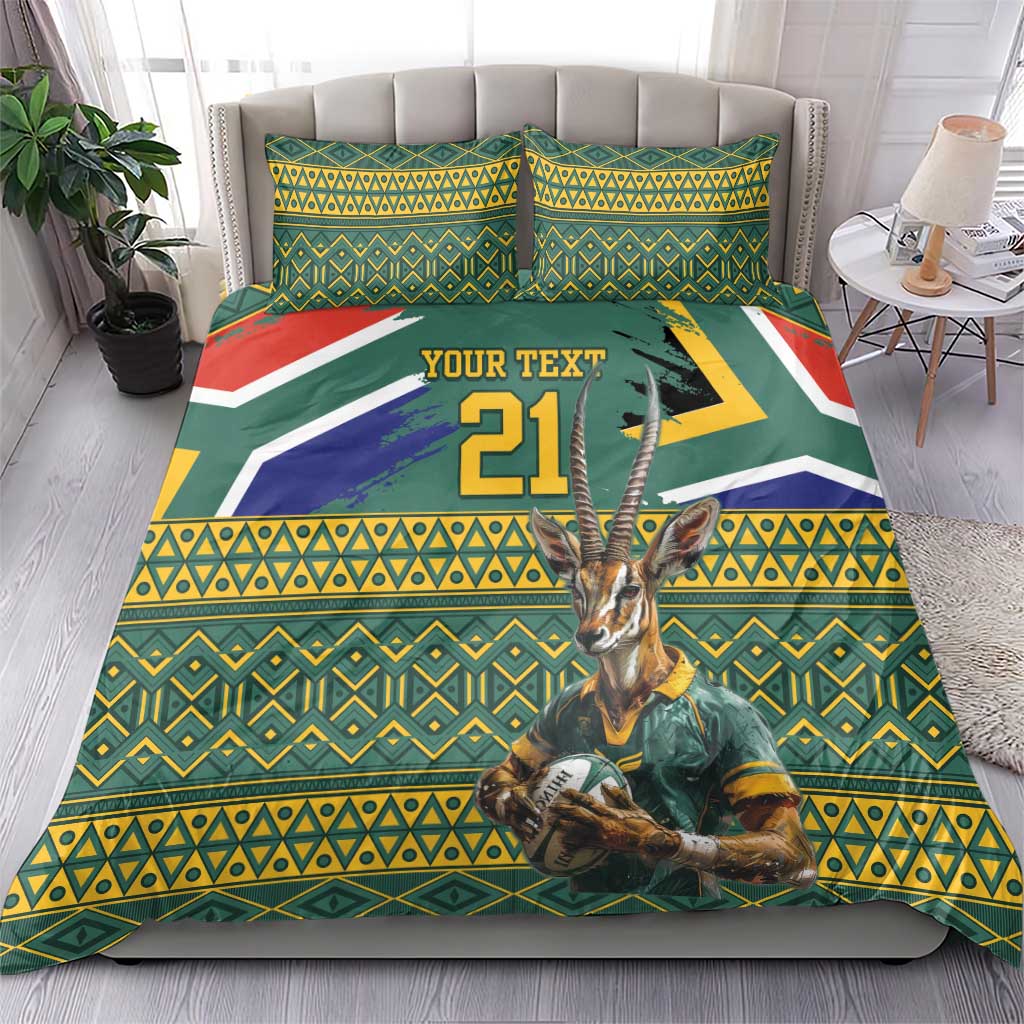 Custom South Africa Rugby Bokke Mascot Bedding Set With Flag Style - Vibe Hoodie Shop