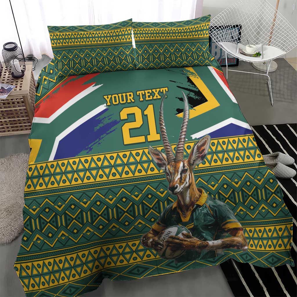 Custom South Africa Rugby Bokke Mascot Bedding Set With Flag Style - Vibe Hoodie Shop