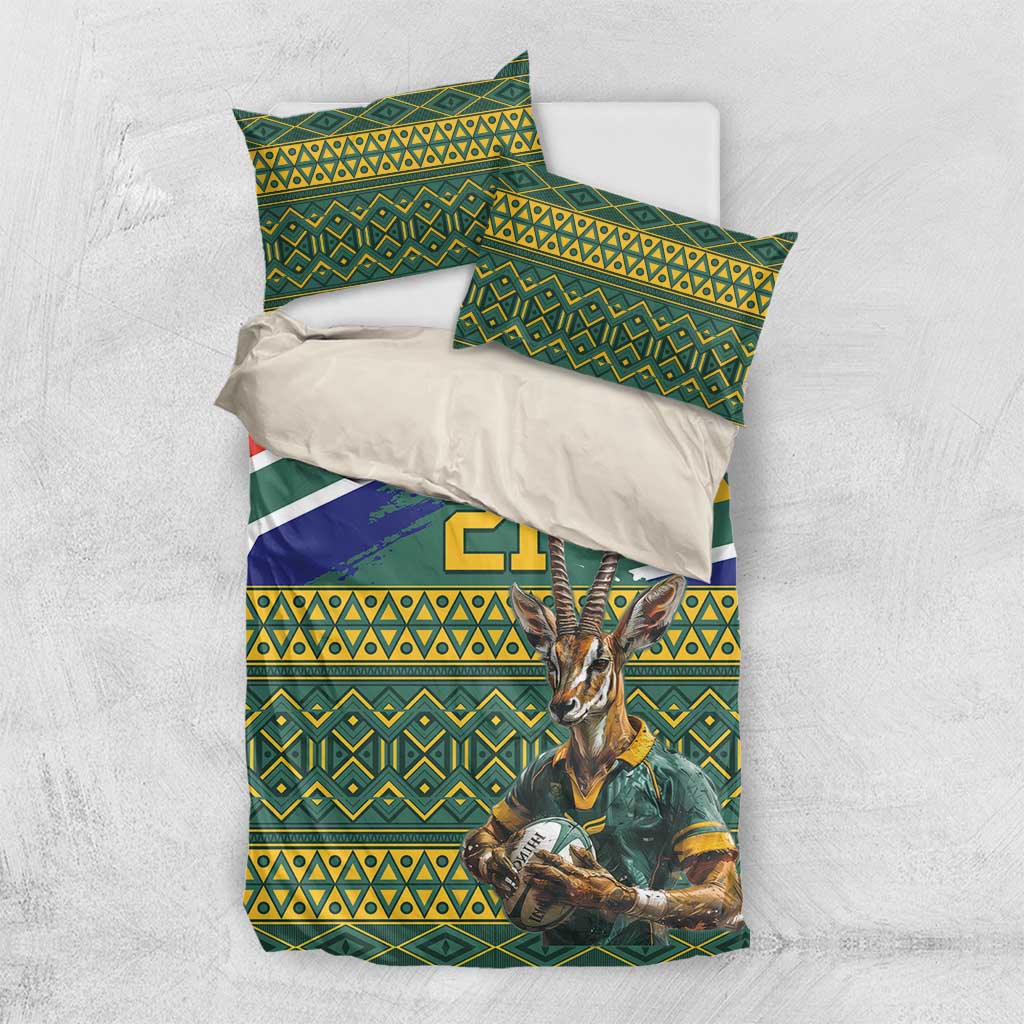 Custom South Africa Rugby Bokke Mascot Bedding Set With Flag Style - Vibe Hoodie Shop