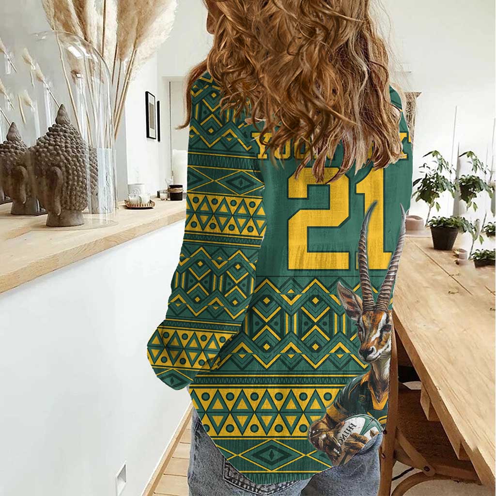 Custom South Africa Rugby Bokke Mascot Women Casual Shirt With Flag Style - Vibe Hoodie Shop