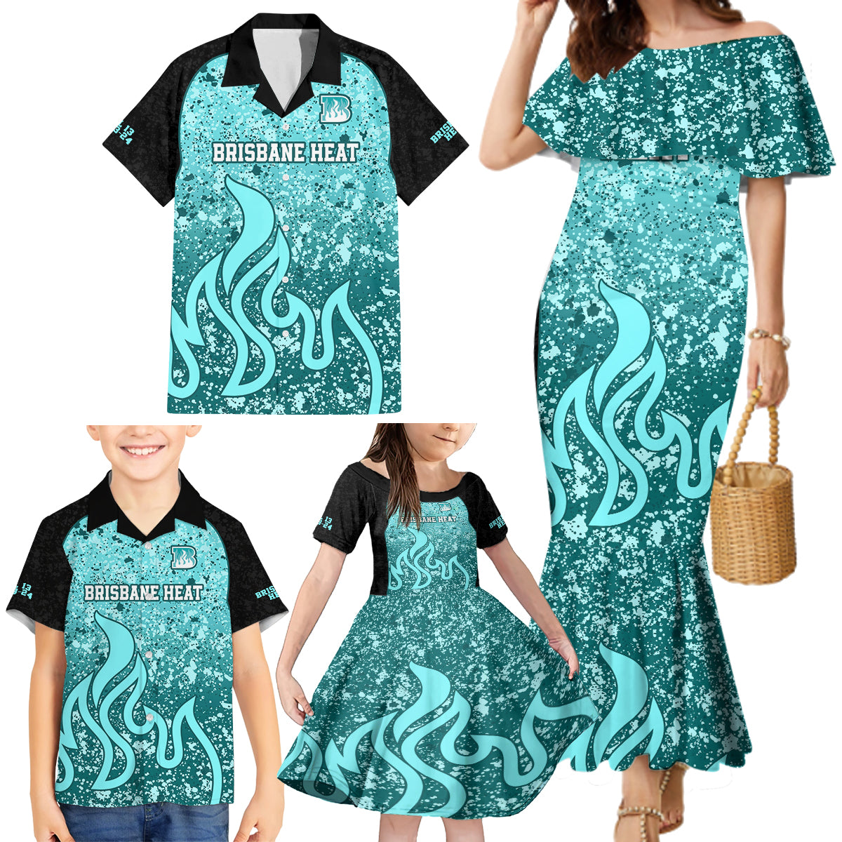 brisbane-heat-custom-family-matching-mermaid-dress-and-hawaiian-shirt-bbl-cricket-team-2024