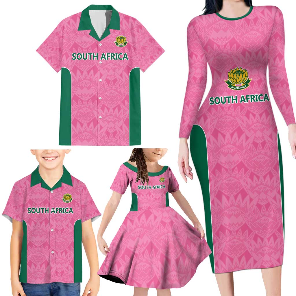 Pink South Africa Cricket Custom Family Matching Long Sleeve Bodycon Dress and Hawaiian Shirt Proteas Be Way Pink