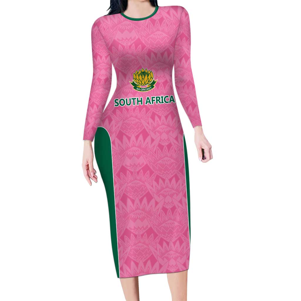 Pink South Africa Cricket Custom Family Matching Long Sleeve Bodycon Dress and Hawaiian Shirt Proteas Be Way Pink