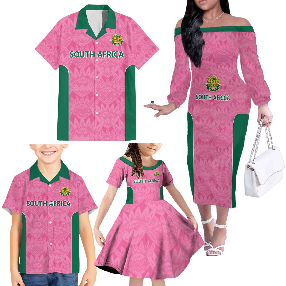 Pink South Africa Cricket Custom Family Matching Off The Shoulder Long Sleeve Dress and Hawaiian Shirt Proteas Be Way Pink