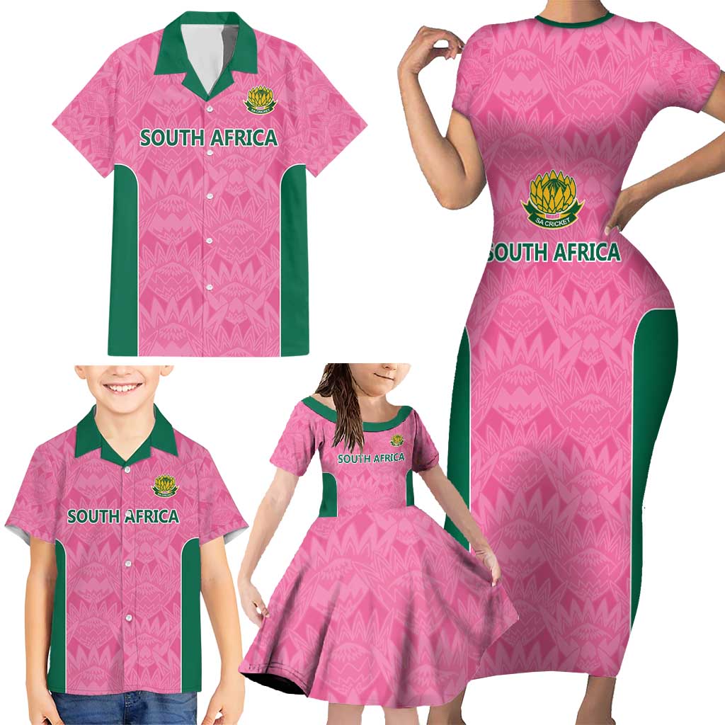 Pink South Africa Cricket Custom Family Matching Short Sleeve Bodycon Dress and Hawaiian Shirt Proteas Be Way Pink