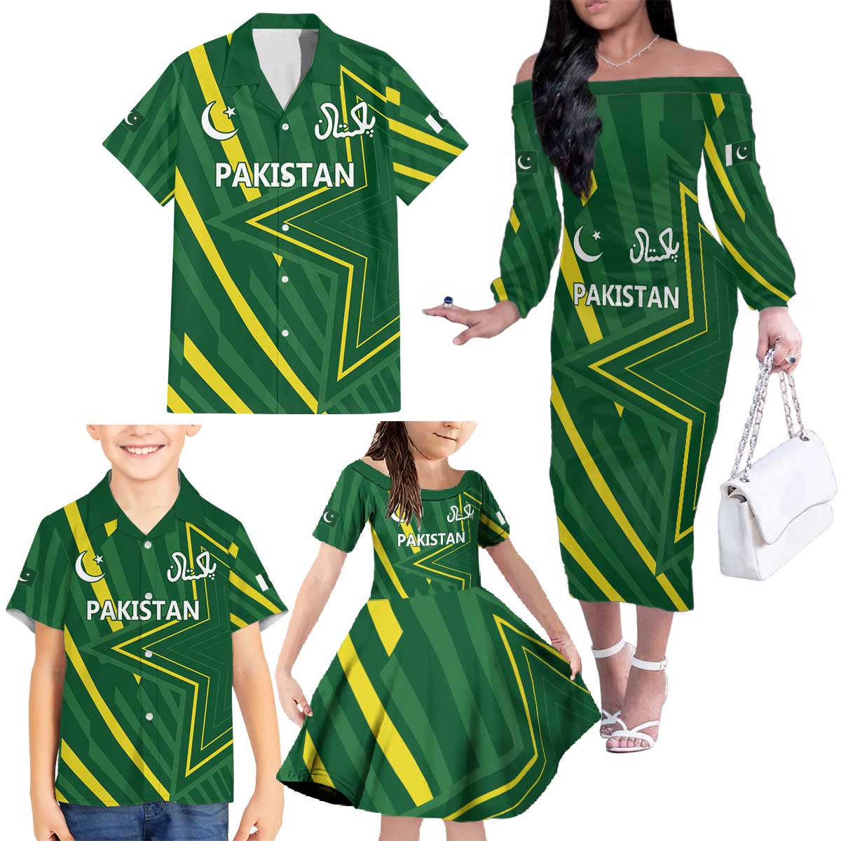 Pakistan Cricket Custom Family Matching Off The Shoulder Long Sleeve Dress and Hawaiian Shirt Shaheen Falcon Go Champions