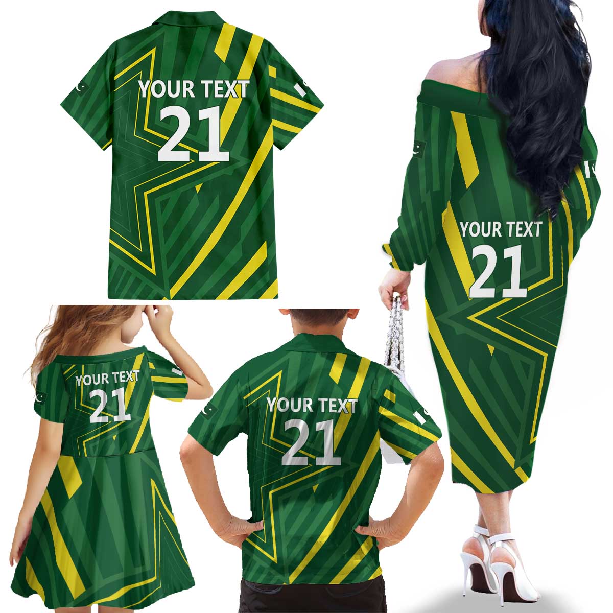 Pakistan Cricket Custom Family Matching Off The Shoulder Long Sleeve Dress and Hawaiian Shirt Shaheen Falcon Go Champions