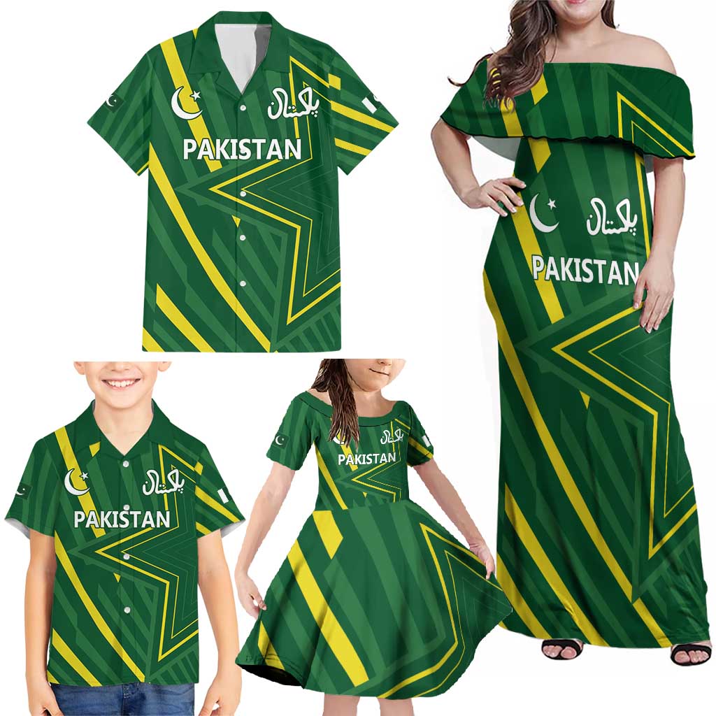 Pakistan Cricket Custom Family Matching Off Shoulder Maxi Dress and Hawaiian Shirt Shaheen Falcon Go Champions