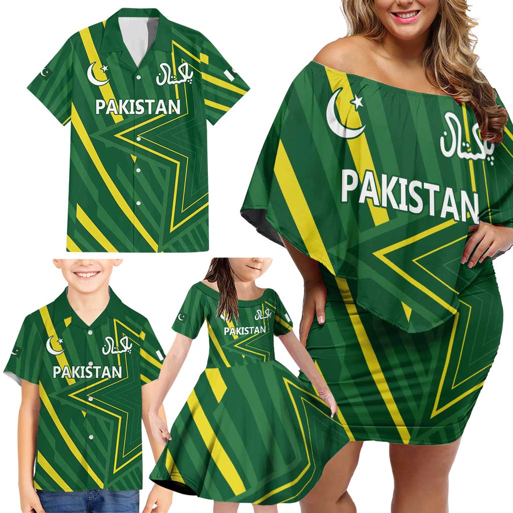 Pakistan Cricket Custom Family Matching Off Shoulder Short Dress and Hawaiian Shirt Shaheen Falcon Go Champions