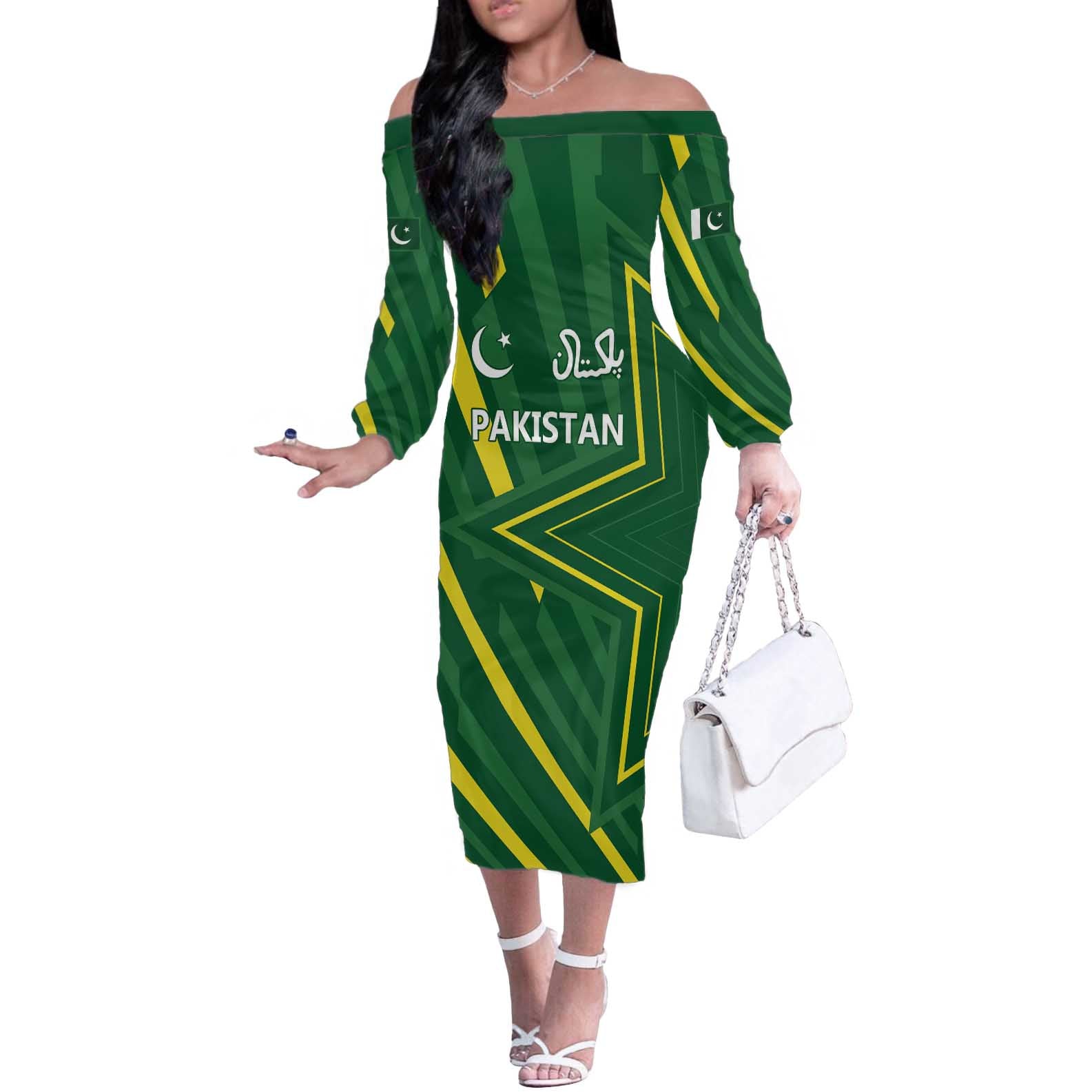 Pakistan Cricket Custom Off The Shoulder Long Sleeve Dress Shaheen Falcon Go Champions