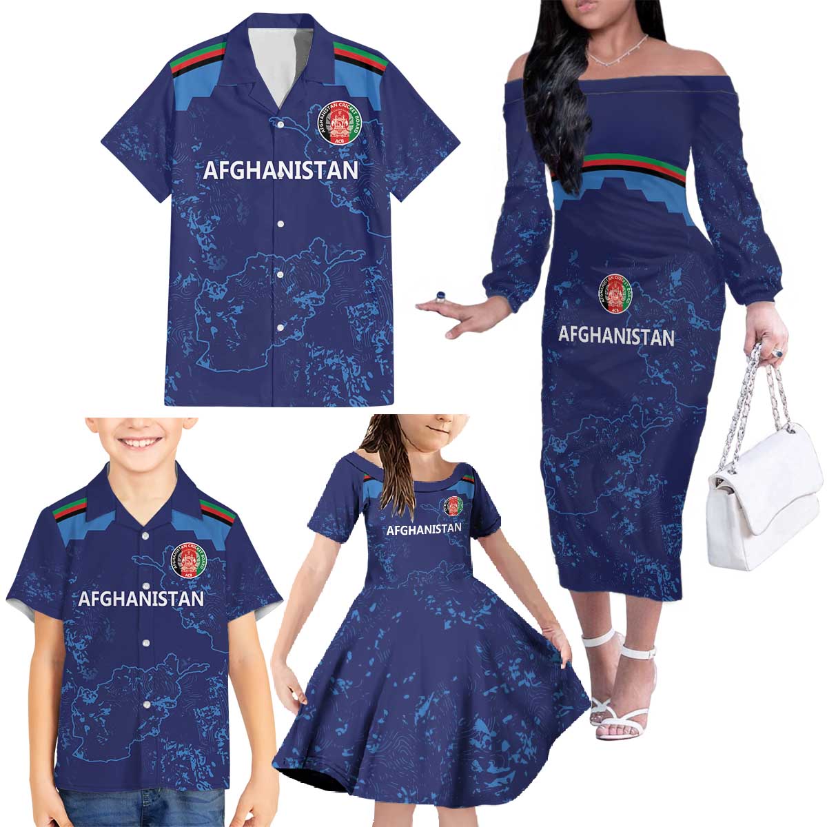 Afghan Atalans Cricket Custom Family Matching Off The Shoulder Long Sleeve Dress and Hawaiian Shirt Afghanistan Map with Sporty Style