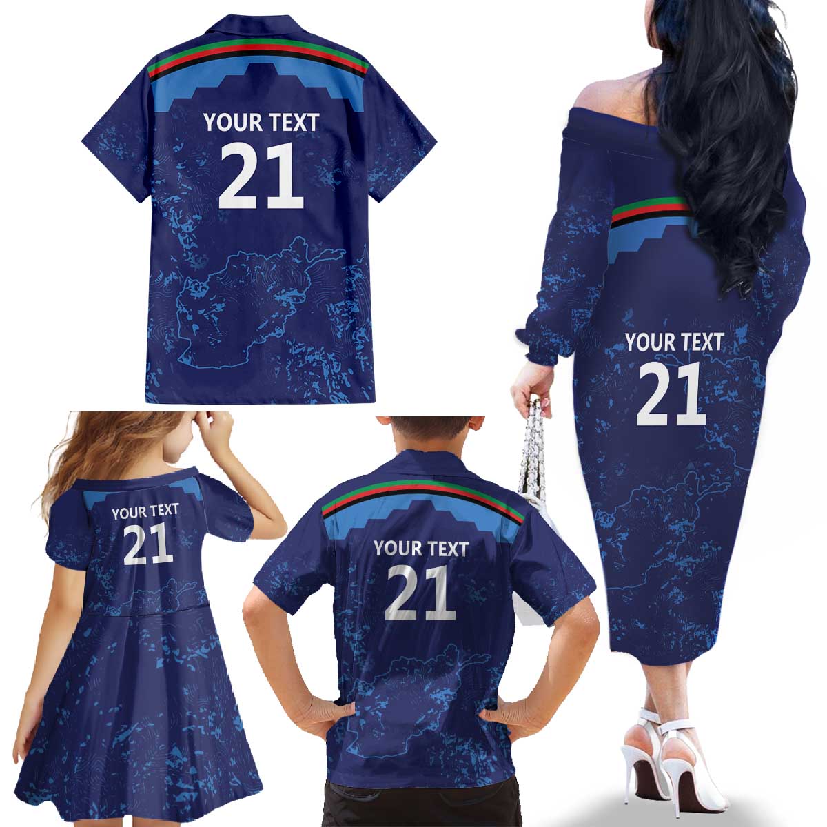 Afghan Atalans Cricket Custom Family Matching Off The Shoulder Long Sleeve Dress and Hawaiian Shirt Afghanistan Map with Sporty Style