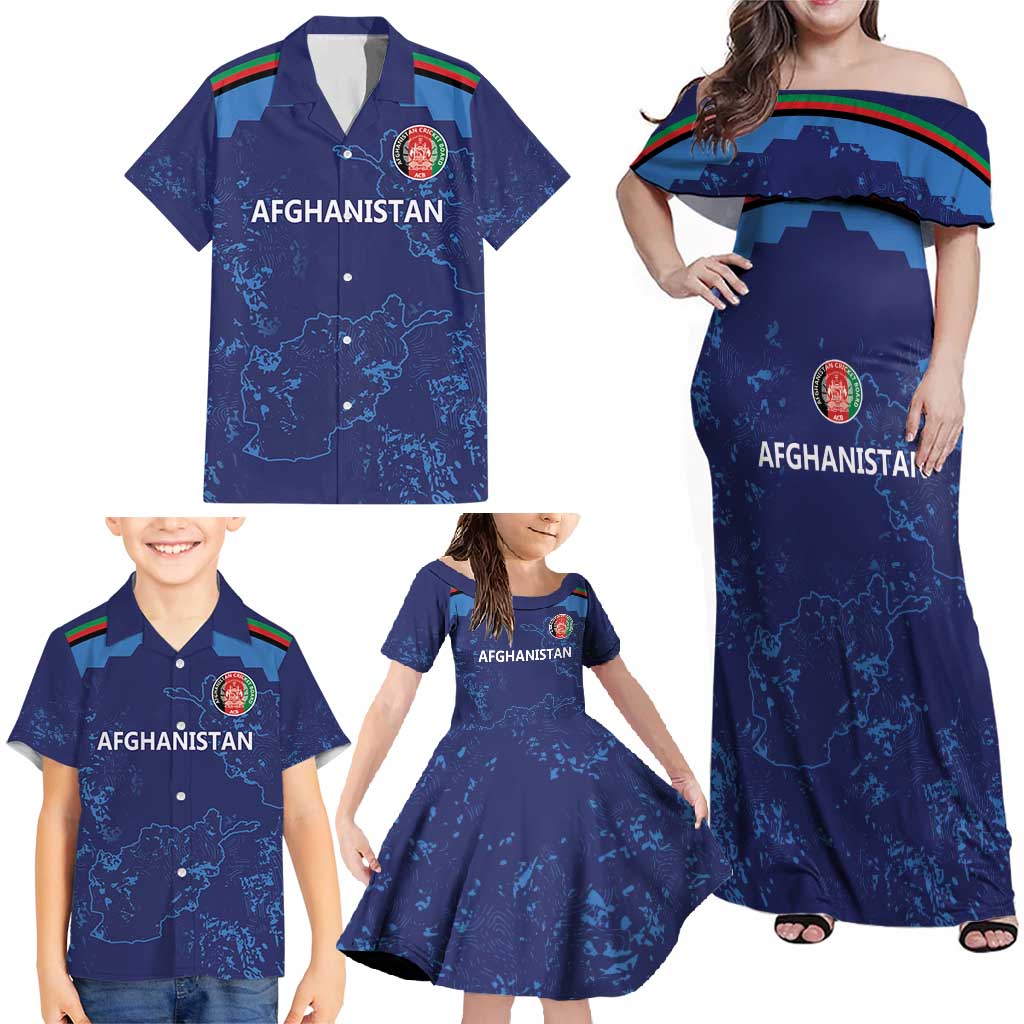 Afghan Atalans Cricket Custom Family Matching Off Shoulder Maxi Dress and Hawaiian Shirt Afghanistan Map with Sporty Style