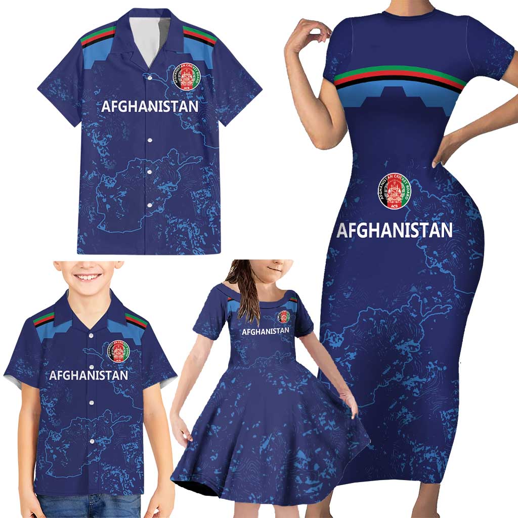 Afghan Atalans Cricket Custom Family Matching Short Sleeve Bodycon Dress and Hawaiian Shirt Afghanistan Map with Sporty Style