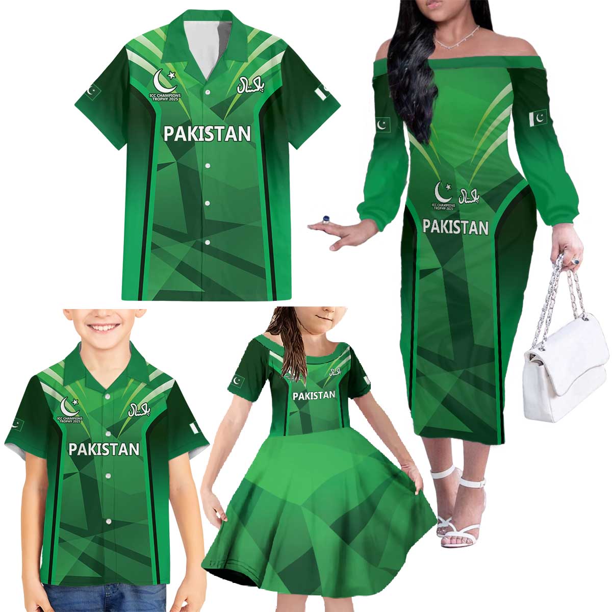 Pakistan Cricket Custom Family Matching Off The Shoulder Long Sleeve Dress and Hawaiian Shirt The Green Shirts with Sporty Pattern