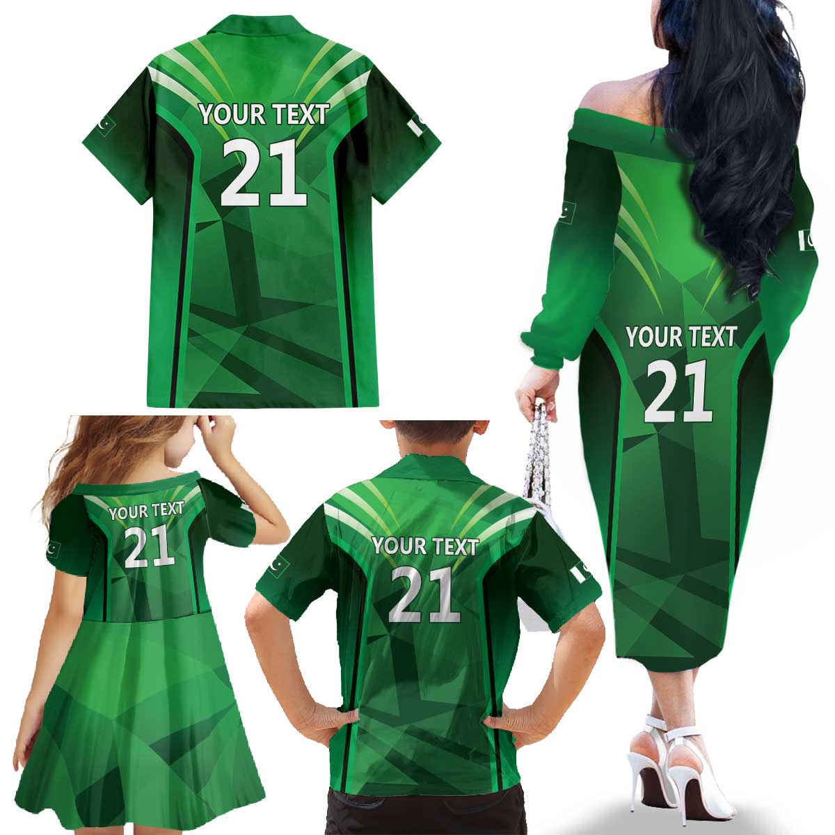 Pakistan Cricket Custom Family Matching Off The Shoulder Long Sleeve Dress and Hawaiian Shirt The Green Shirts with Sporty Pattern