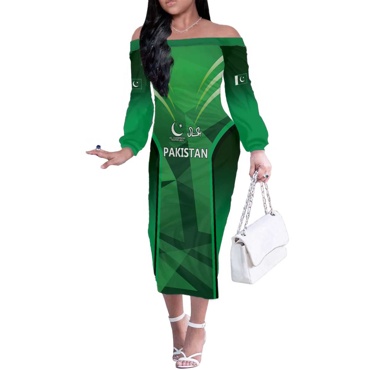 Pakistan Cricket Custom Family Matching Off The Shoulder Long Sleeve Dress and Hawaiian Shirt The Green Shirts with Sporty Pattern