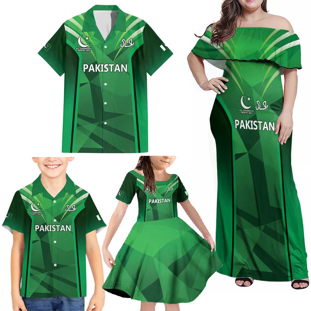 Pakistan Cricket Custom Family Matching Off Shoulder Maxi Dress and Hawaiian Shirt The Green Shirts with Sporty Pattern