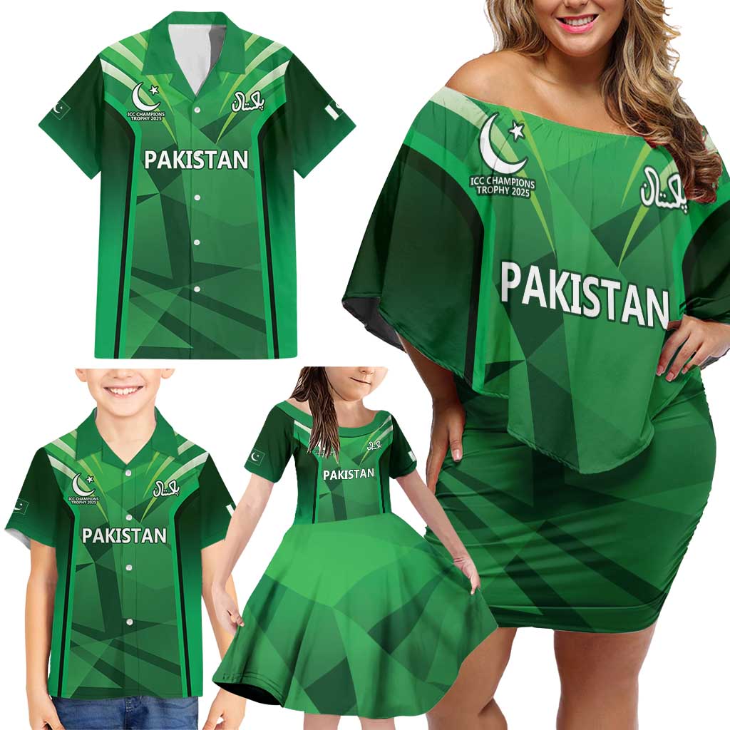 Pakistan Cricket Custom Family Matching Off Shoulder Short Dress and Hawaiian Shirt The Green Shirts with Sporty Pattern