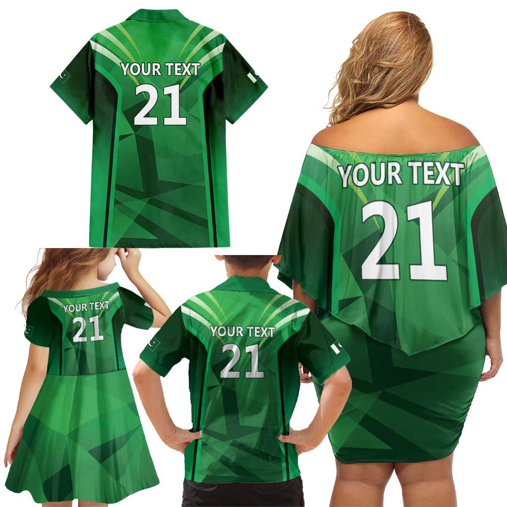 Pakistan Cricket Custom Family Matching Off Shoulder Short Dress and Hawaiian Shirt The Green Shirts with Sporty Pattern