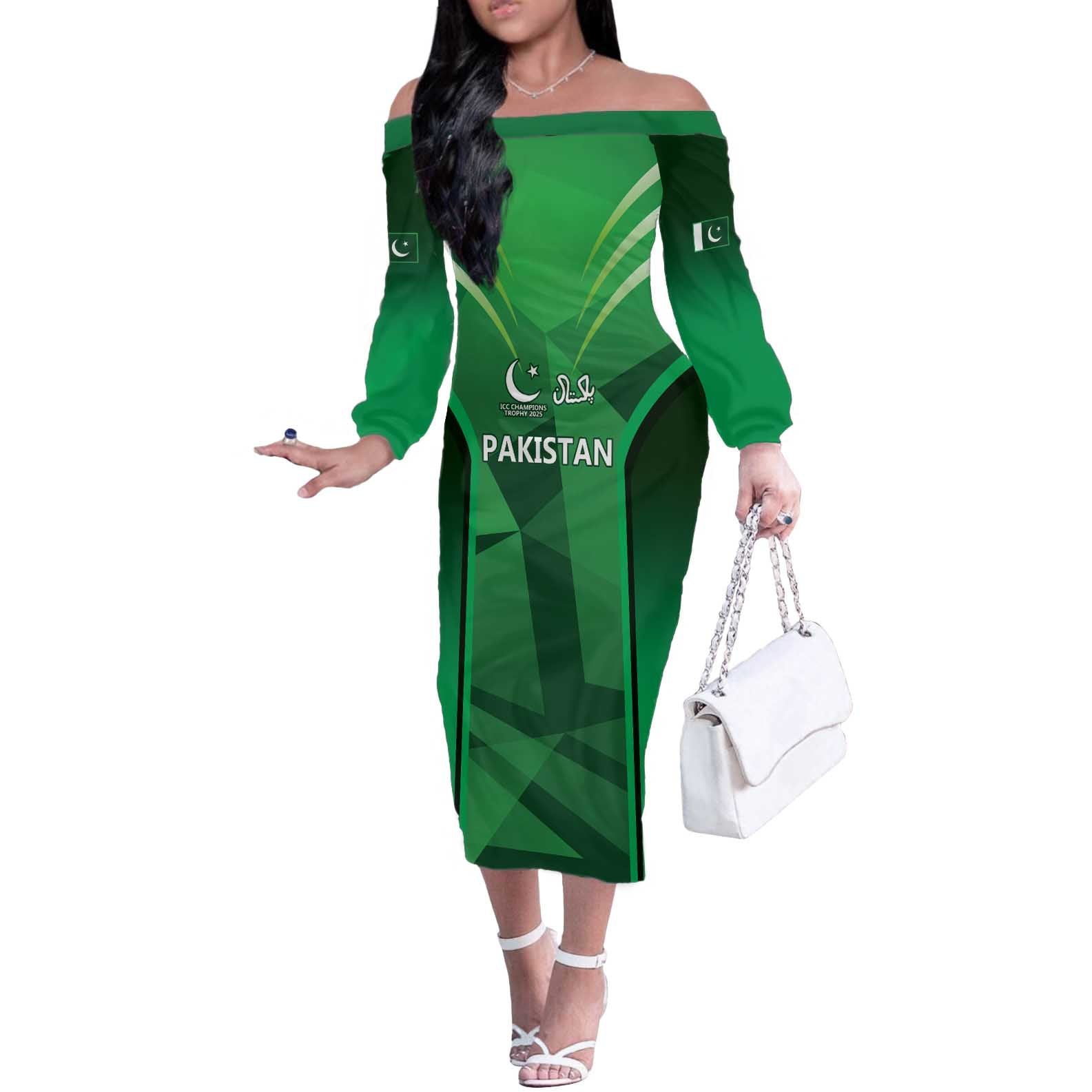 Pakistan Cricket Custom Off The Shoulder Long Sleeve Dress The Green Shirts with Sporty Pattern