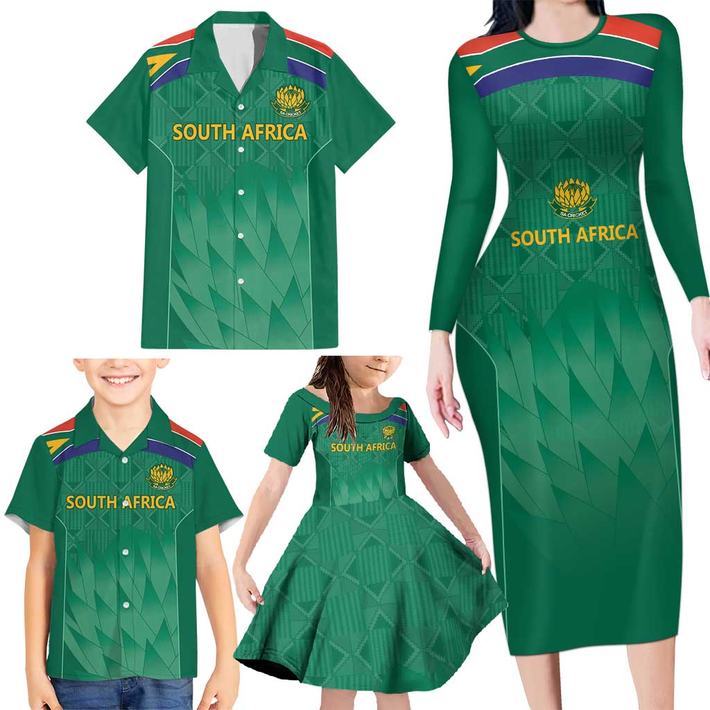 South Africa Cricket Custom Family Matching Long Sleeve Bodycon Dress and Hawaiian Shirt Proteas Green