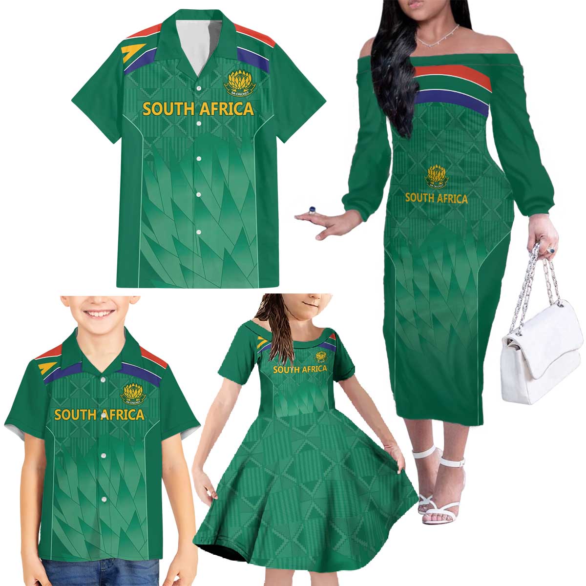 South Africa Cricket Custom Family Matching Off The Shoulder Long Sleeve Dress and Hawaiian Shirt Proteas Green