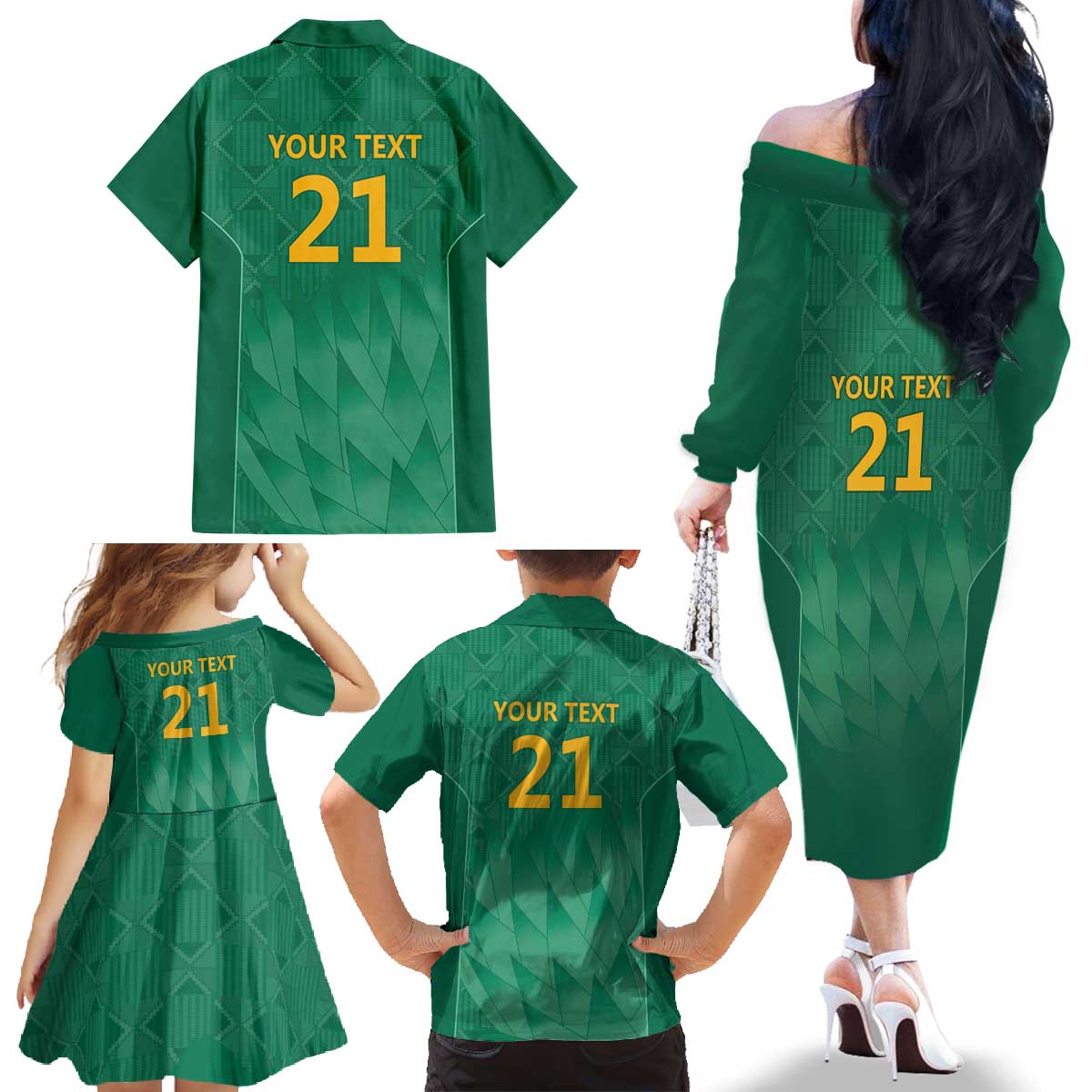 South Africa Cricket Custom Family Matching Off The Shoulder Long Sleeve Dress and Hawaiian Shirt Proteas Green