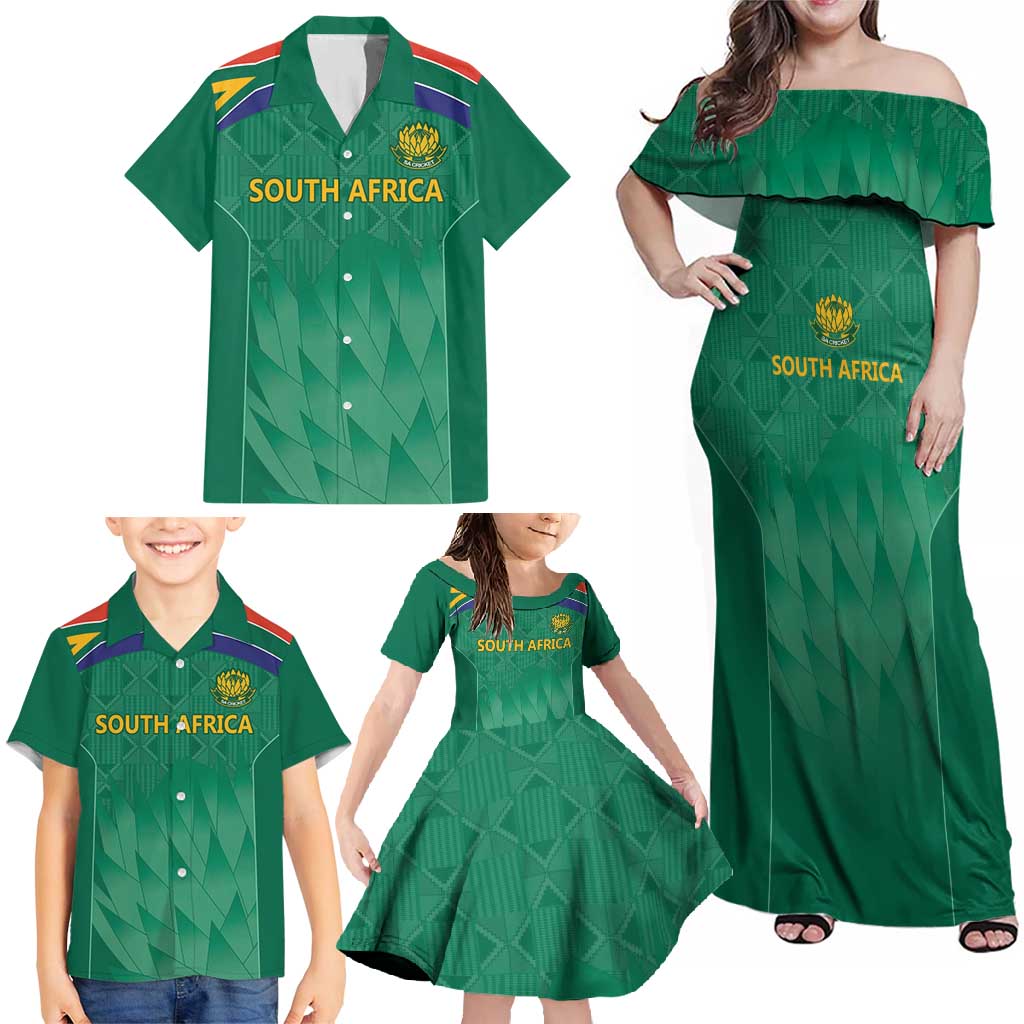 South Africa Cricket Custom Family Matching Off Shoulder Maxi Dress and Hawaiian Shirt Proteas Green