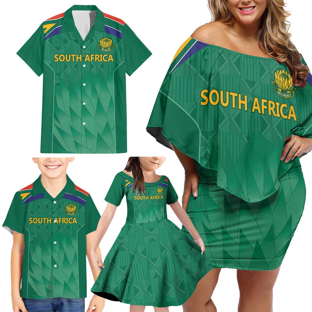 South Africa Cricket Custom Family Matching Off Shoulder Short Dress and Hawaiian Shirt Proteas Green