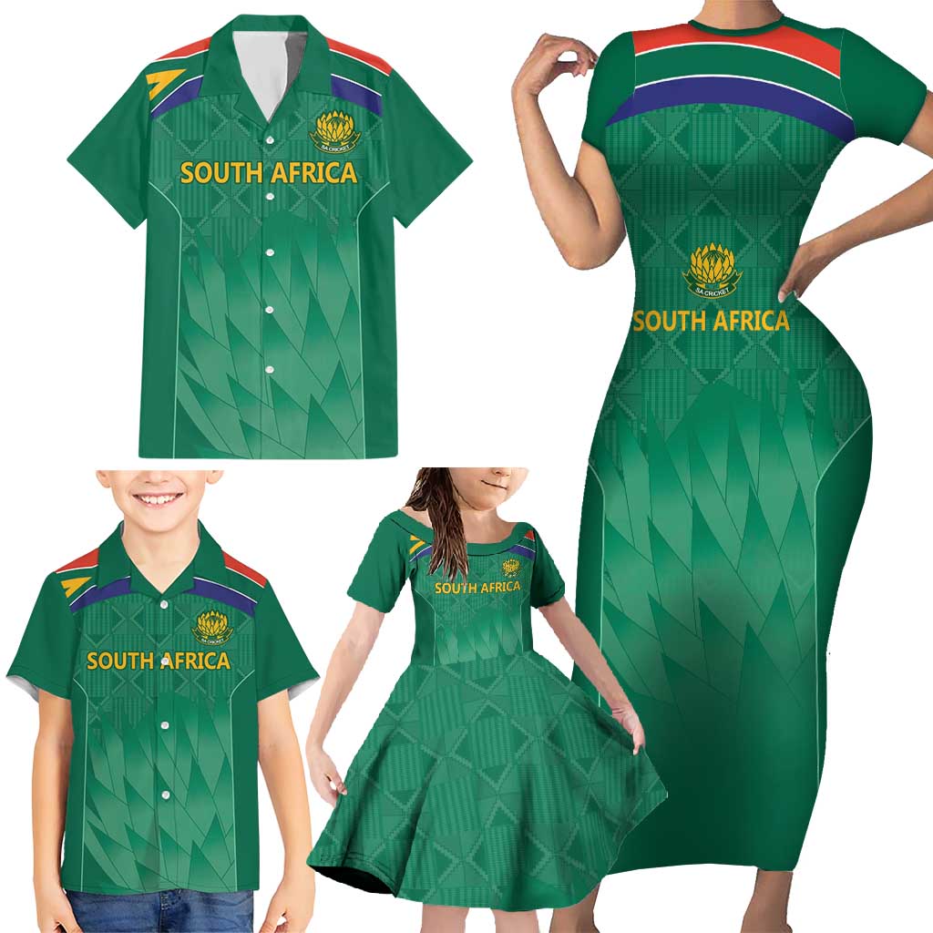 South Africa Cricket Custom Family Matching Short Sleeve Bodycon Dress and Hawaiian Shirt Proteas Green