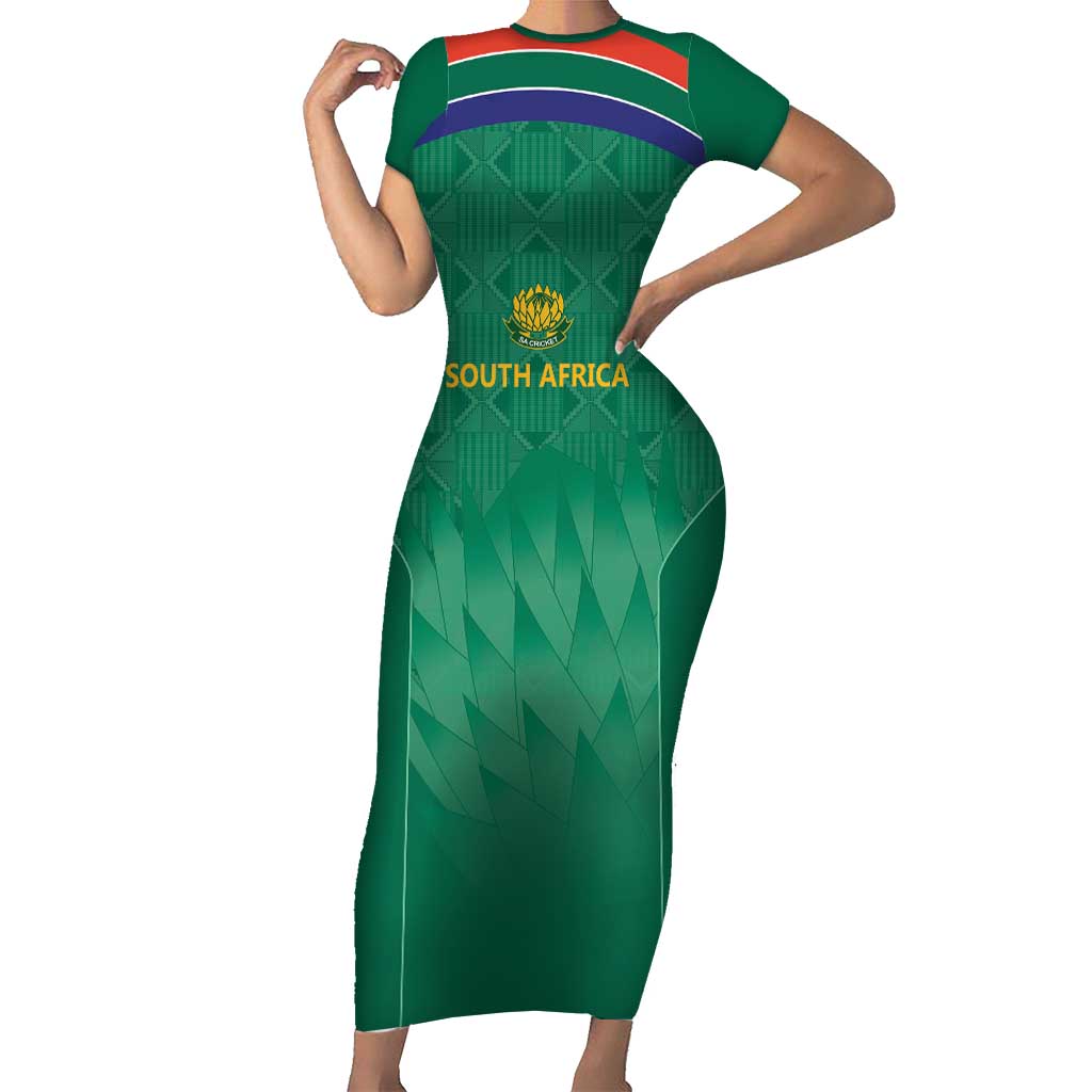 South Africa Cricket Custom Family Matching Short Sleeve Bodycon Dress and Hawaiian Shirt Proteas Green