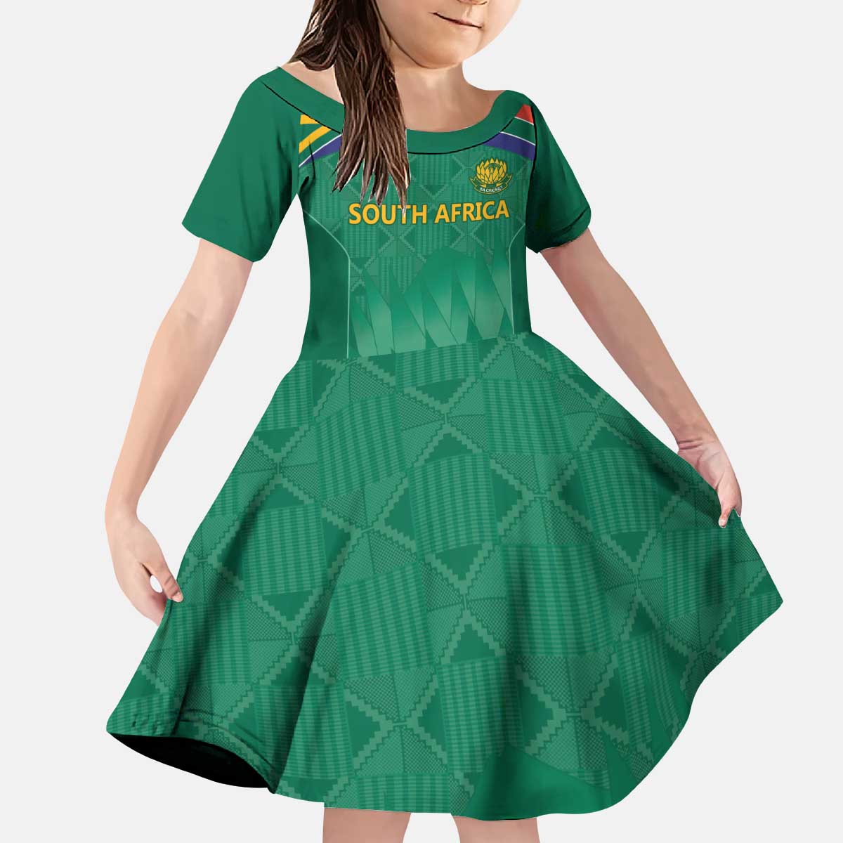 South Africa Cricket Custom Kid Short Sleeve Dress Proteas Green - Vibe Hoodie Shop